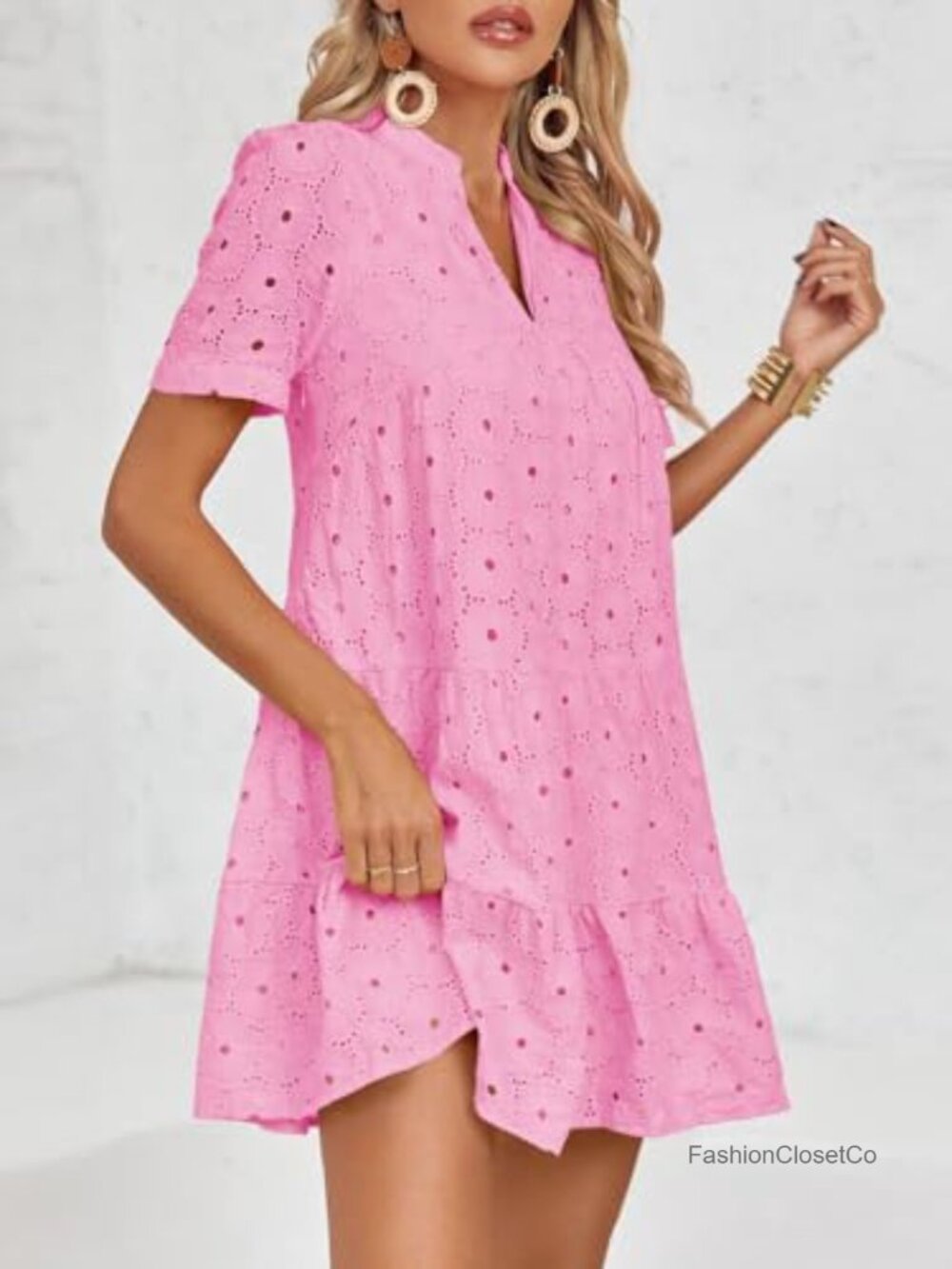 100% Polyester Eyelet Babydoll Dress Short Sleeve V Neck Flowy Tunic - Picture 3 of 7